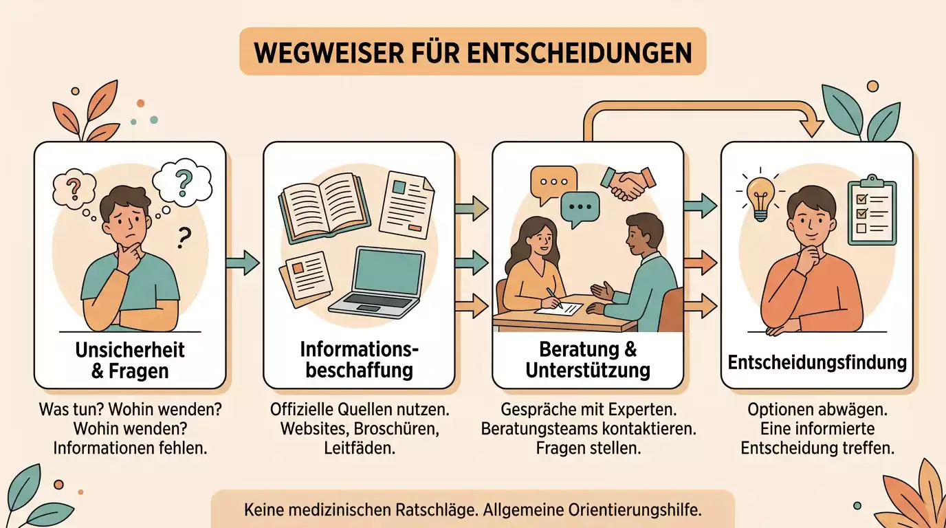 Ruhige Entscheidungshilfe mit Hilfewegen und offiziellen Stellen